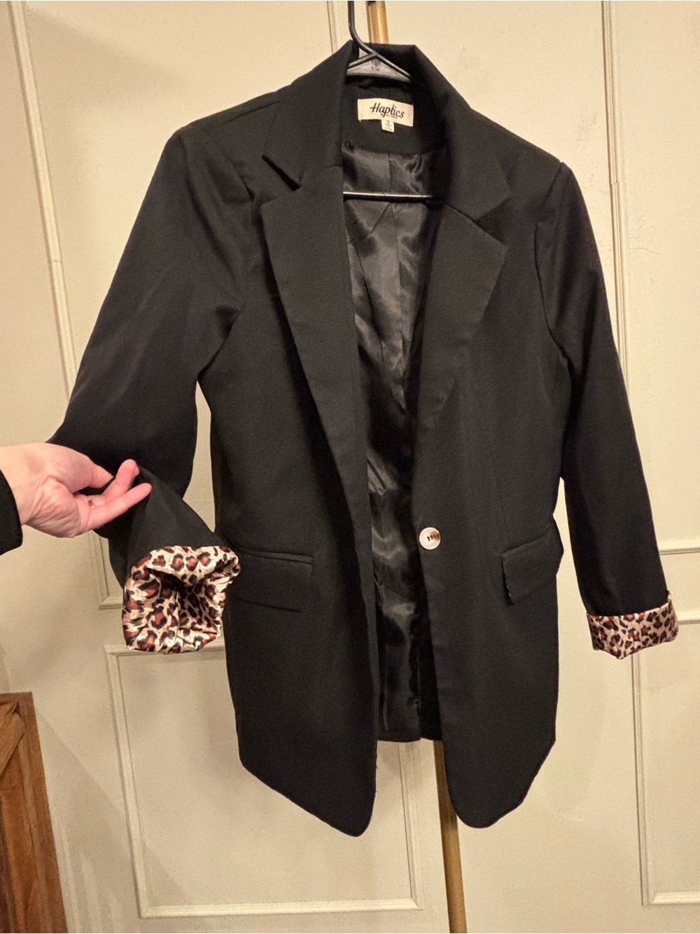 Black Women's Blazer with Leopard Print Cuffs